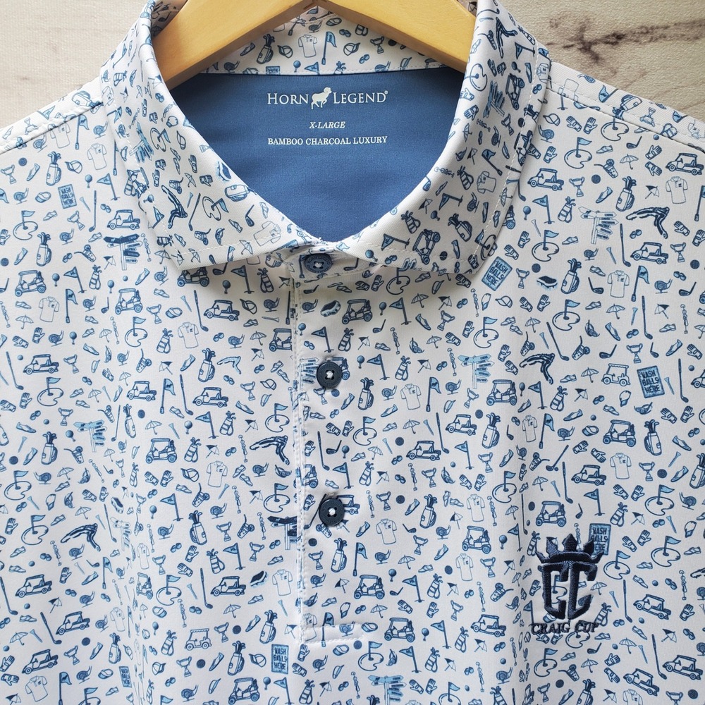 Horn Legend Mens XL Bamboo Charcoal Luxury Golf Polo Shirt Blue White Craig Cup